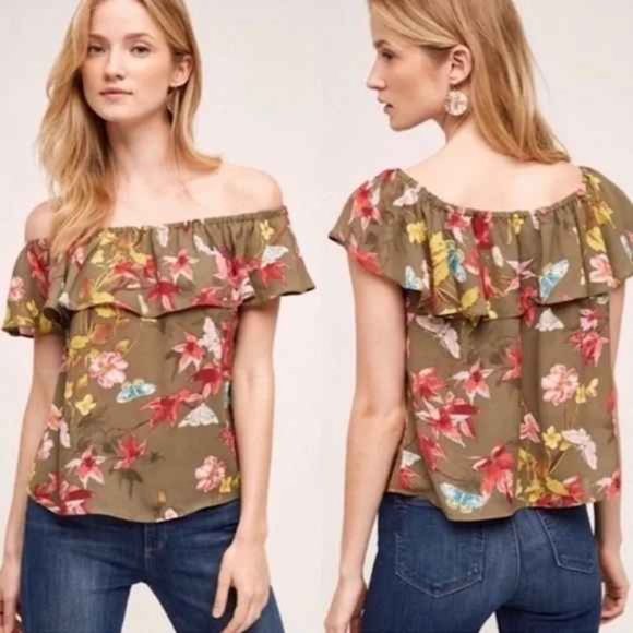 Maeve Tops - Maeve Off Shoulder Ruffle Tropical Flower Print Olive Green Small Blouse Top EUC